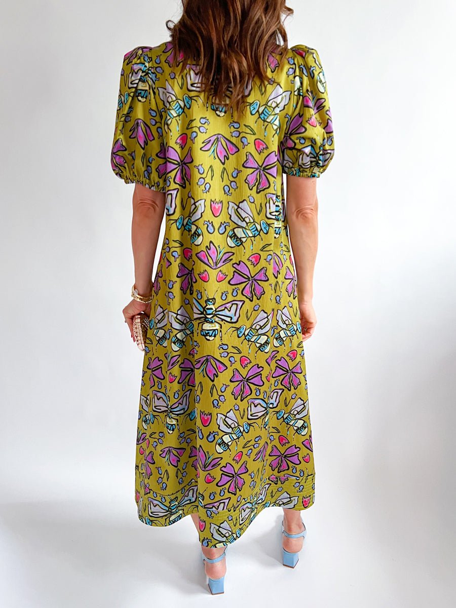 Printed V Neck Elastic Puff Sleeves Loose Maxi Dress - allsose