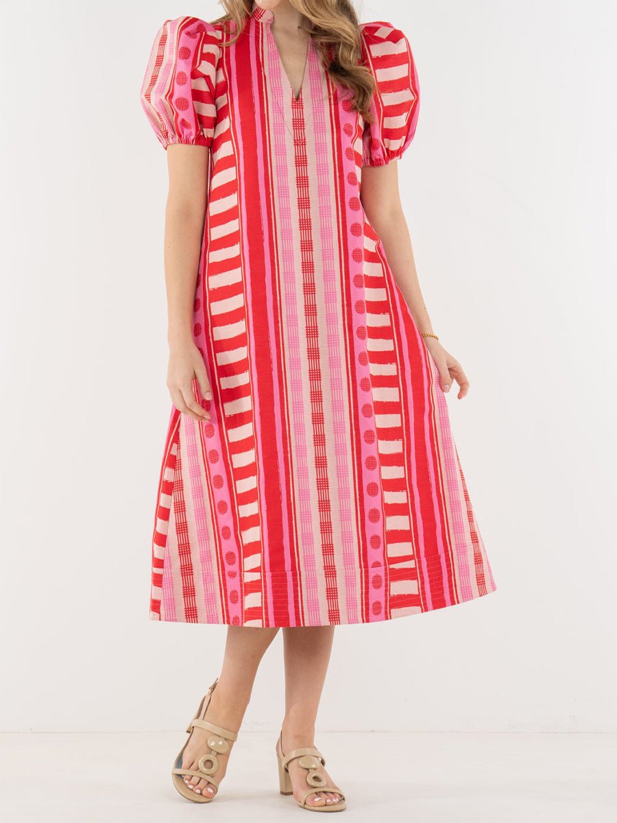 Printed V Neck Elastic Puff Sleeves Loose Maxi Dress - allsose