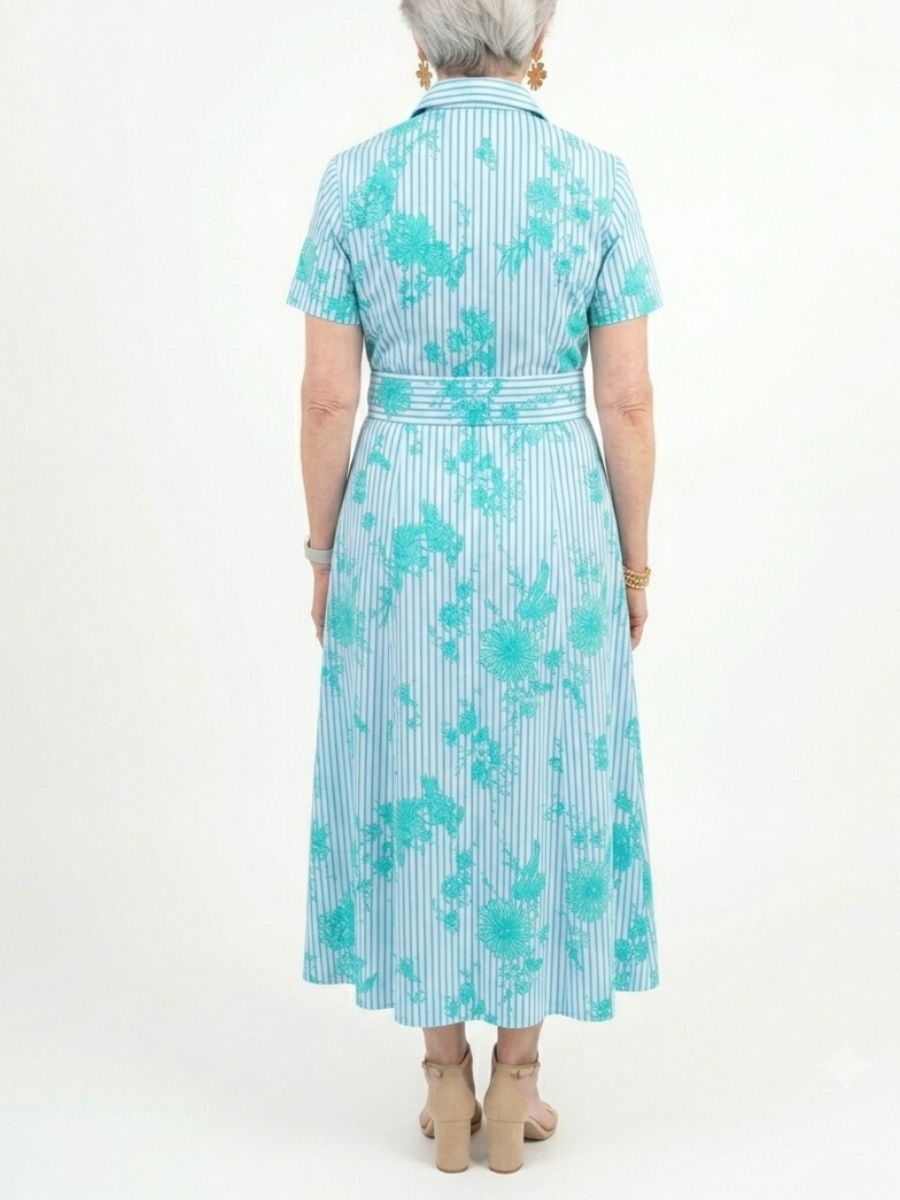 Teal Floral Stripe Short Sleeve Belted Midi Shirt Dress