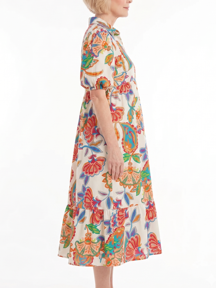 Vintage Floral V-Neck Puff Sleeve Dress