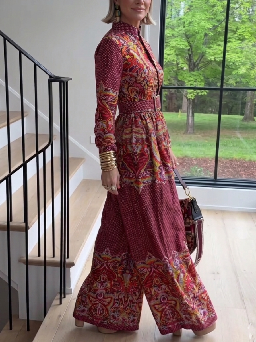 Vintage Paisley Print Long Sleeve Wide-Leg Jumpsuit With Belt