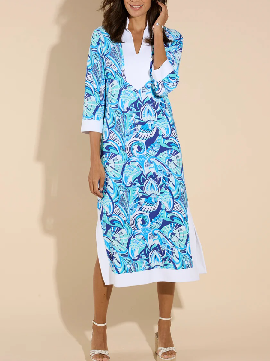 Tropical Print Contrast Collar Midi Shirt Dress