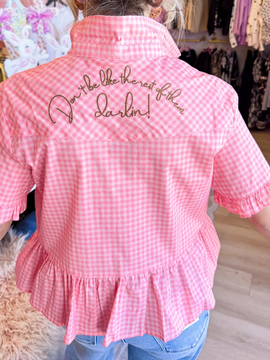 Pink Gingham Western Embroidered Ruffle Hem Top