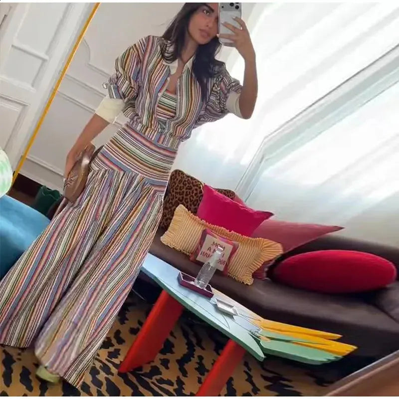 Bohemian-style colorful striped long shirt dress