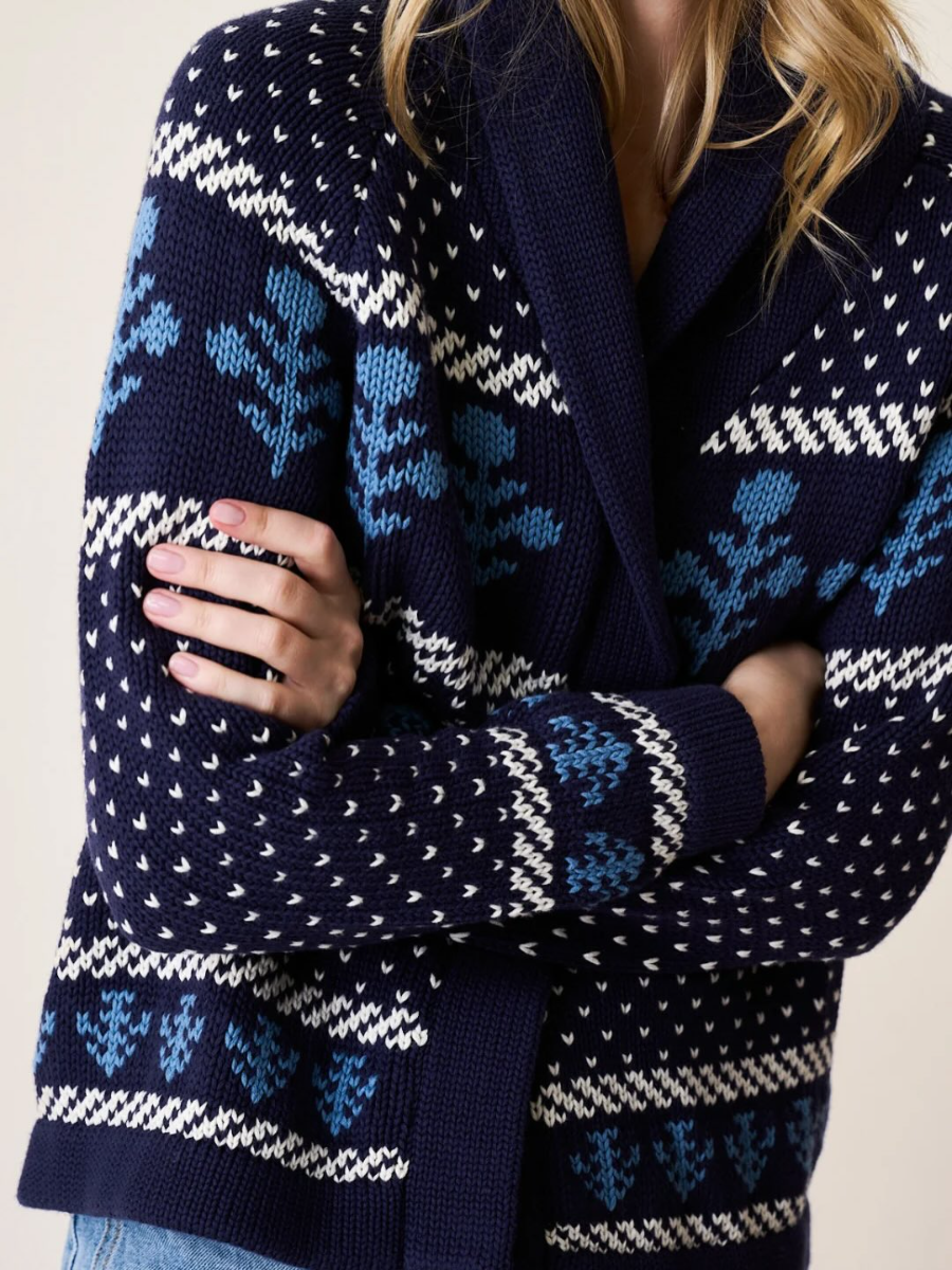 Floral Knit Shawl Collar Cardigan