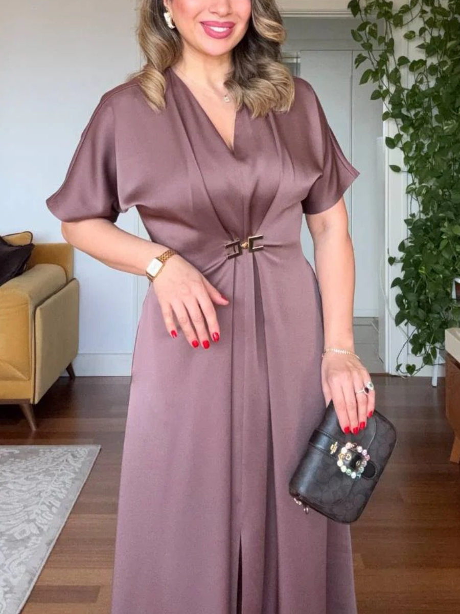 Modern Sophistication | Mauve V-Neck Midi Dress With Gold Buckle