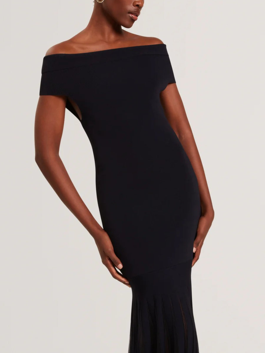 Suannaa Dropped Waist Off The Shoulder Knit Dress