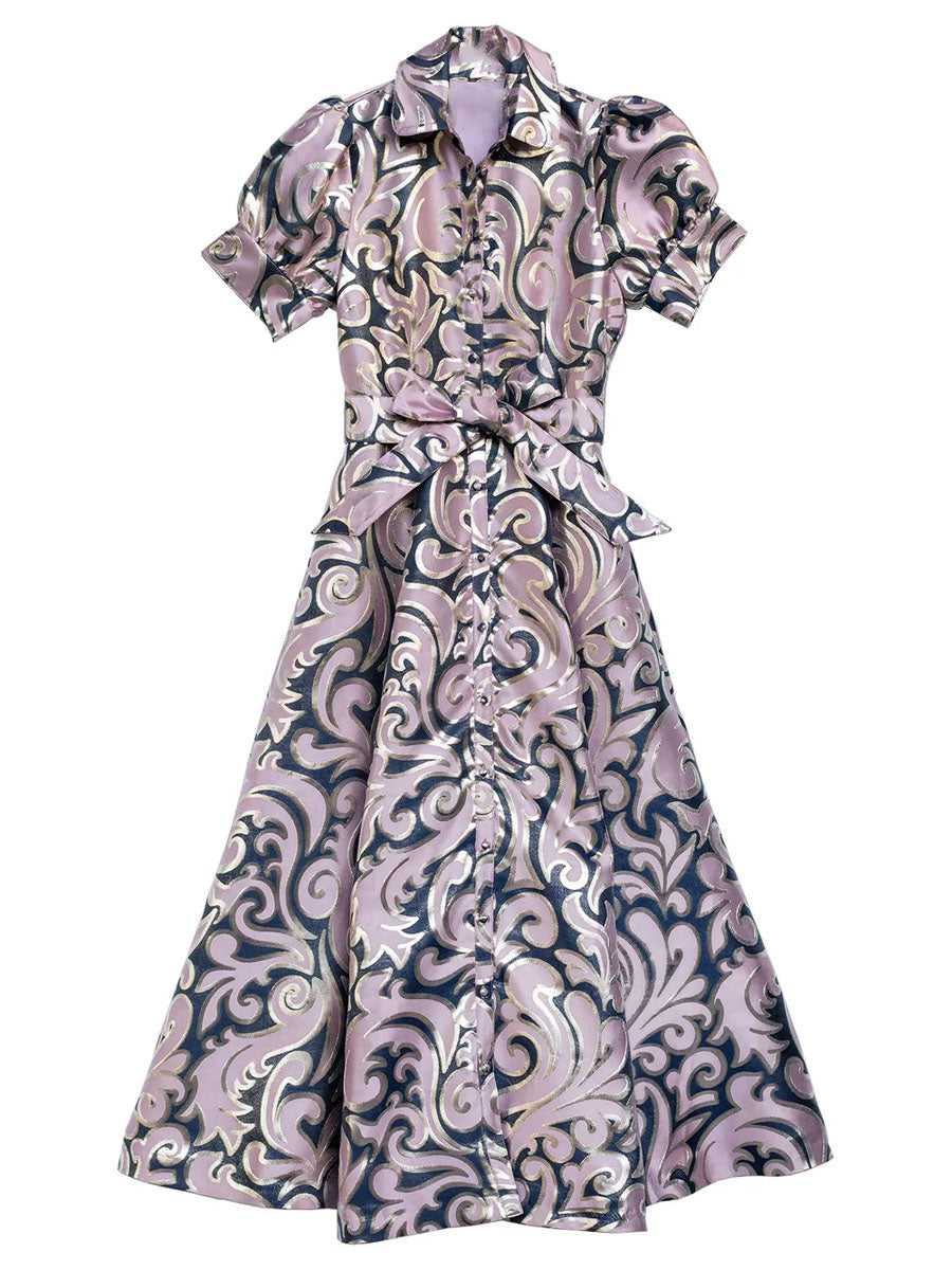 Elegant Jacquard Print Short Puffed Sleeves Gown Maxi Dress