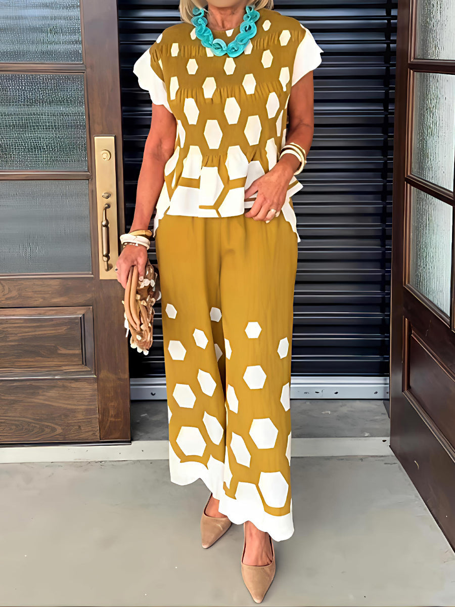 Abstract Print Top & Wide-leg Pants Two Pieces Set
