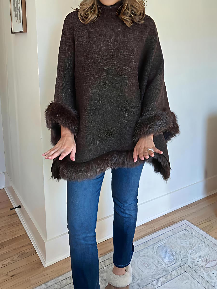 High Neck Faux Fur Knit Poncho Cape