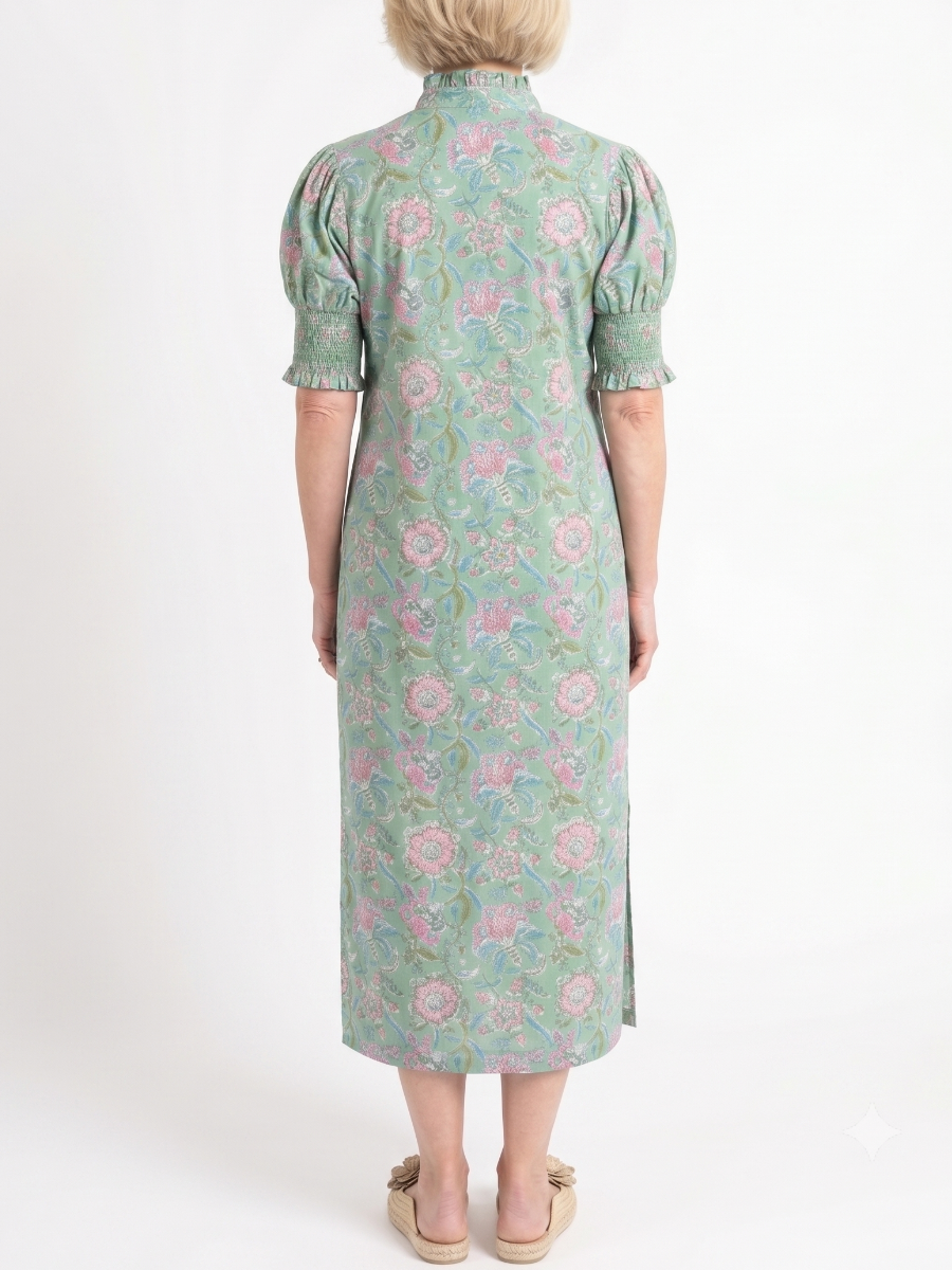 Green Floral Hand-Block Print Midi Dress With Puff Sleeves