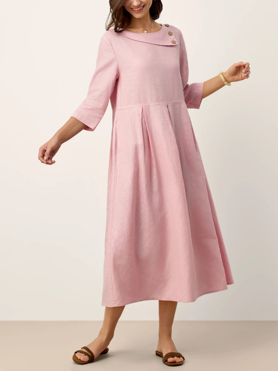 Elegant Pink Linen-Blend Midi Dress With Asymmetrical Button Collar