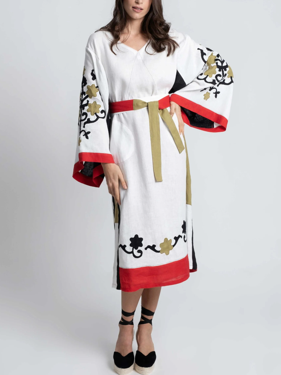 Artisan Heritage | White Linen-Blend Embroidered Kaftan Dress