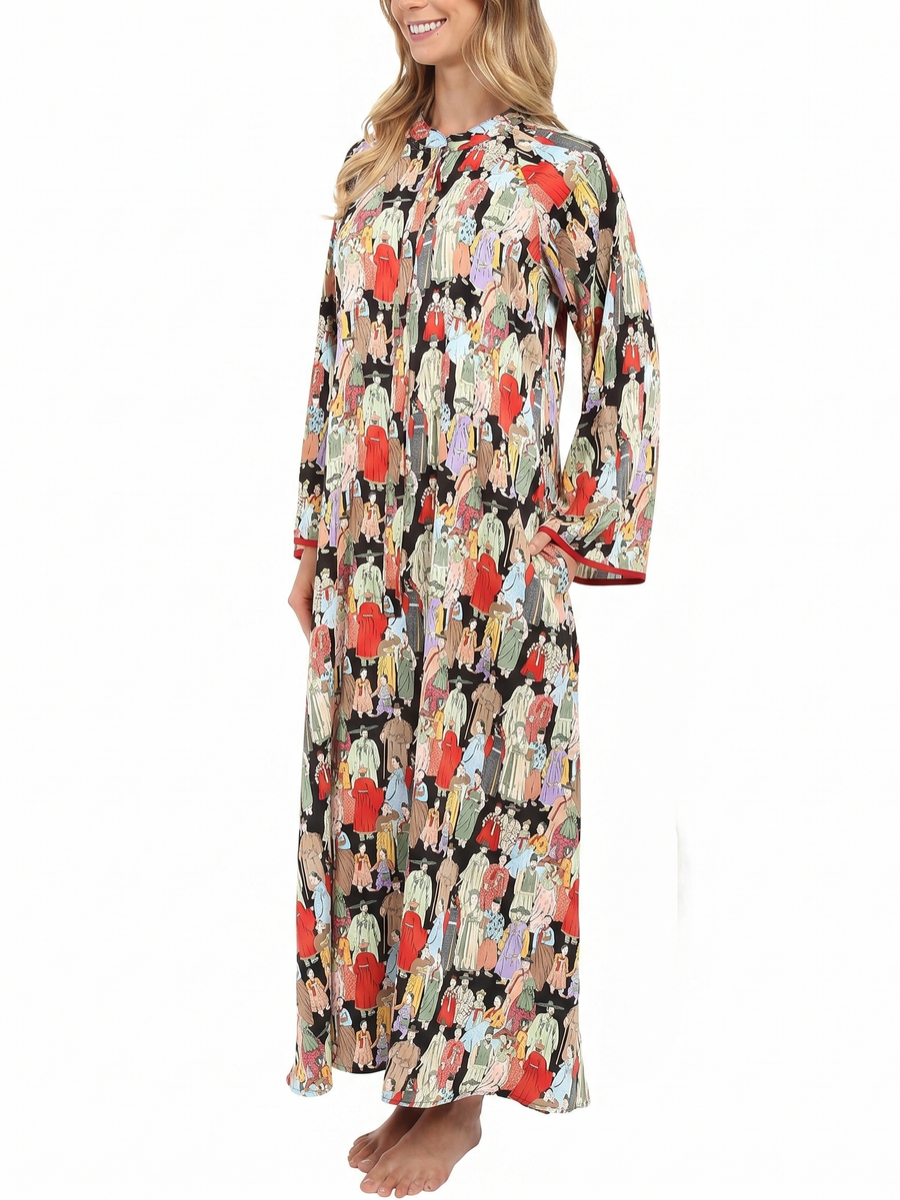 Vintage Hanbok Character Print Long Robe Dress - Black Straight-Cut With Red Piping