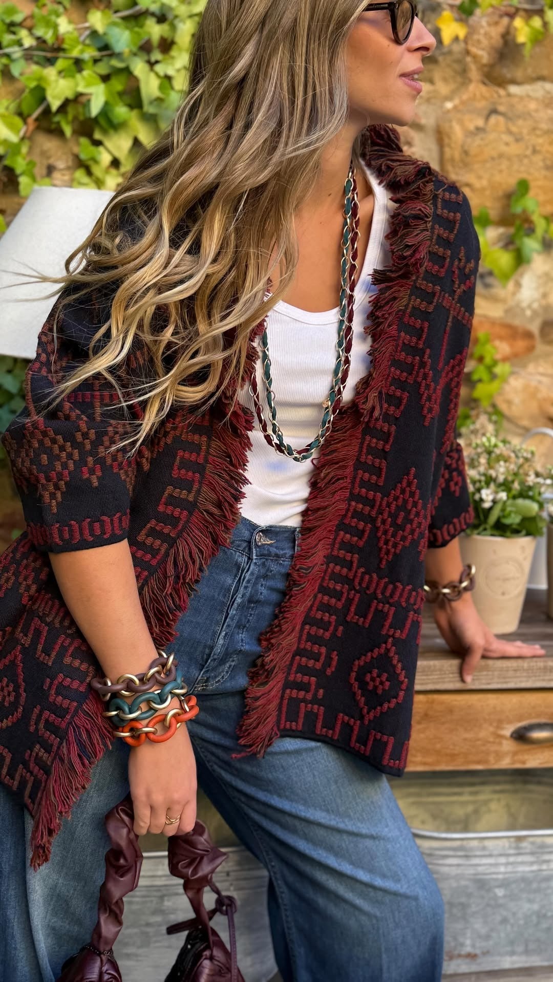 Fringed Geometric Pattern Cardigan