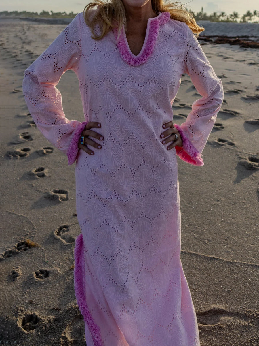 Fringed Trim Eyelet Detailing Silt Hem Maxi Dress