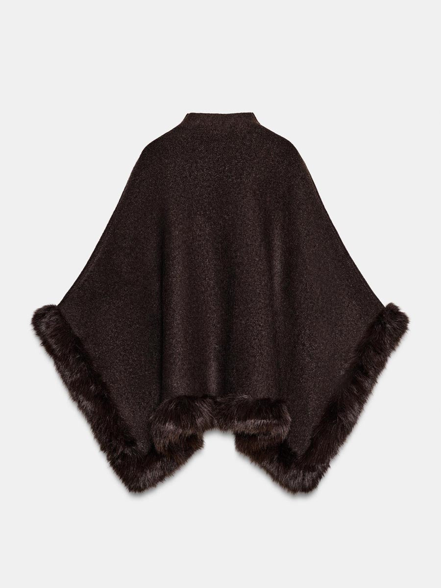 High Neck Faux Fur Knit Poncho Cape
