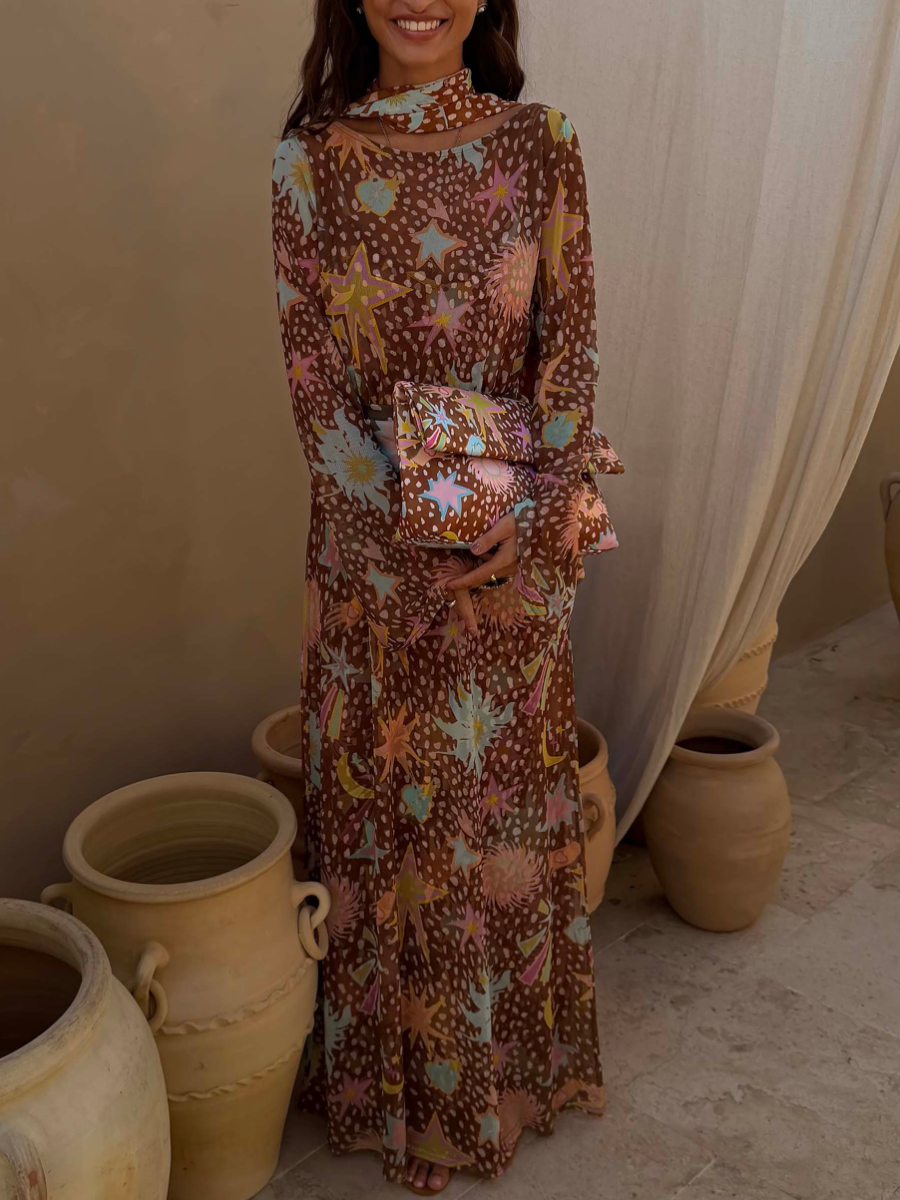 Celestial Starlight Mesh Long Sleeve Maxi Dress