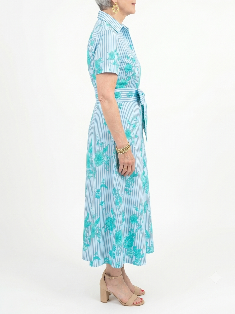 Teal Floral Stripe Short Sleeve Belted Midi Shirt Dress