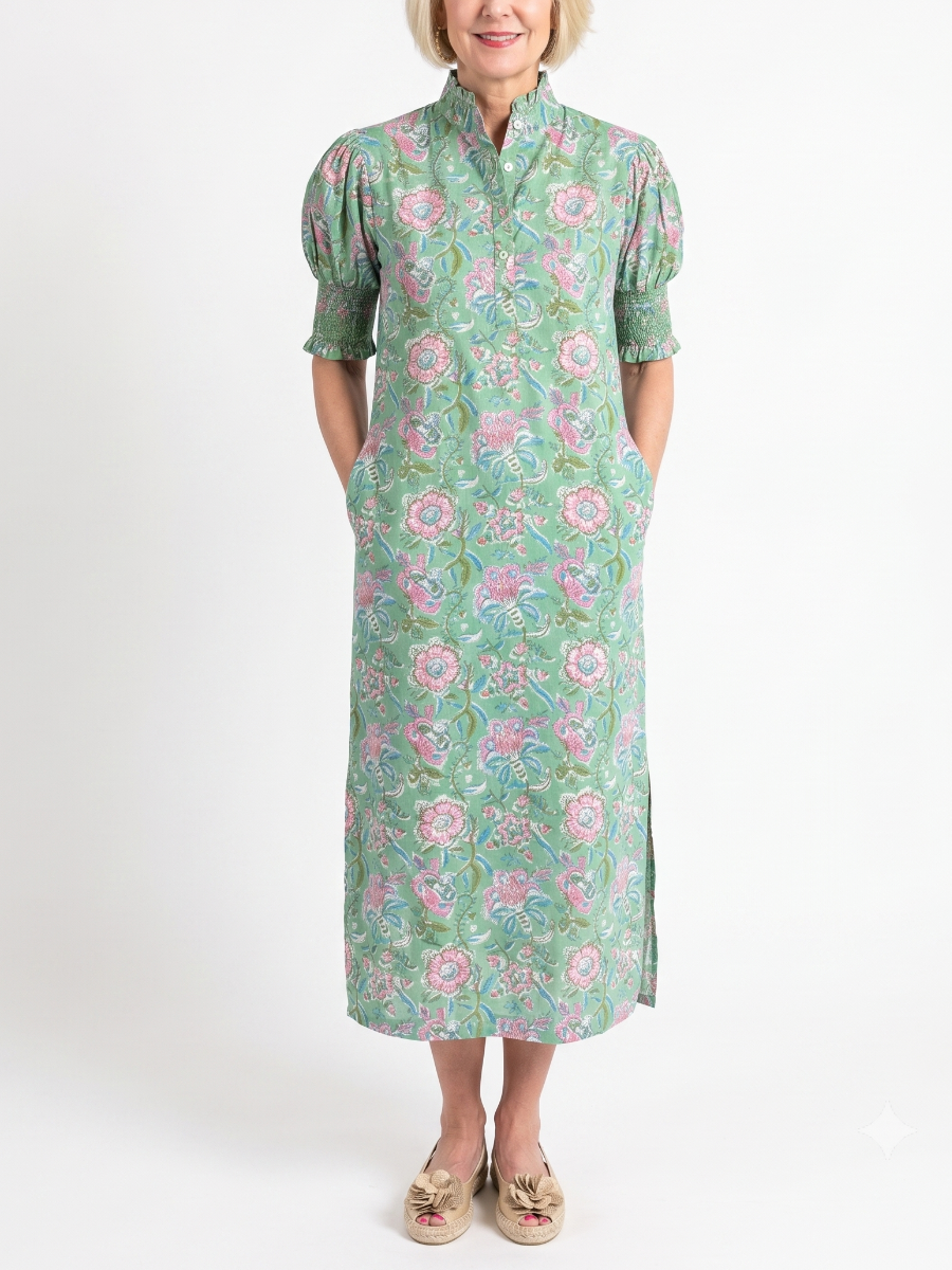 Green Floral Hand-Block Print Midi Dress With Puff Sleeves