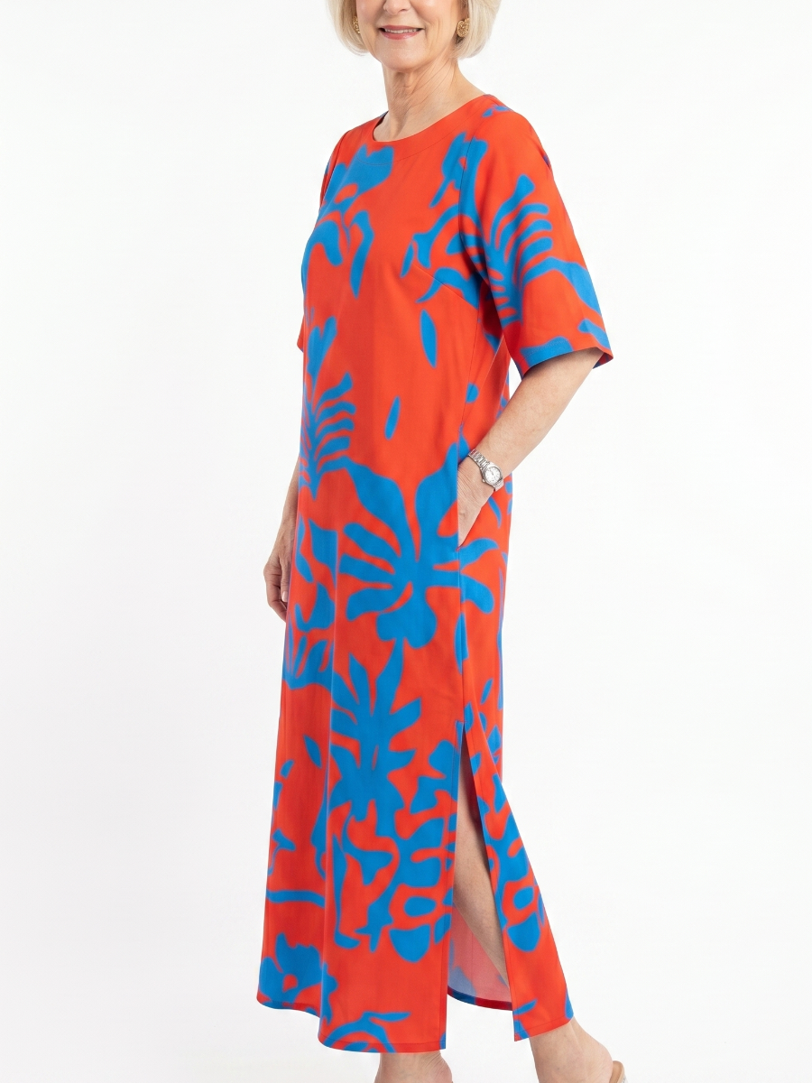 Vibrant Red And Blue Abstract Floral Tunic Maxi Dress With Side Slit