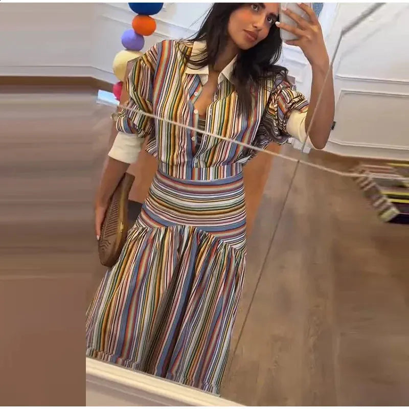 Bohemian-style colorful striped long shirt dress