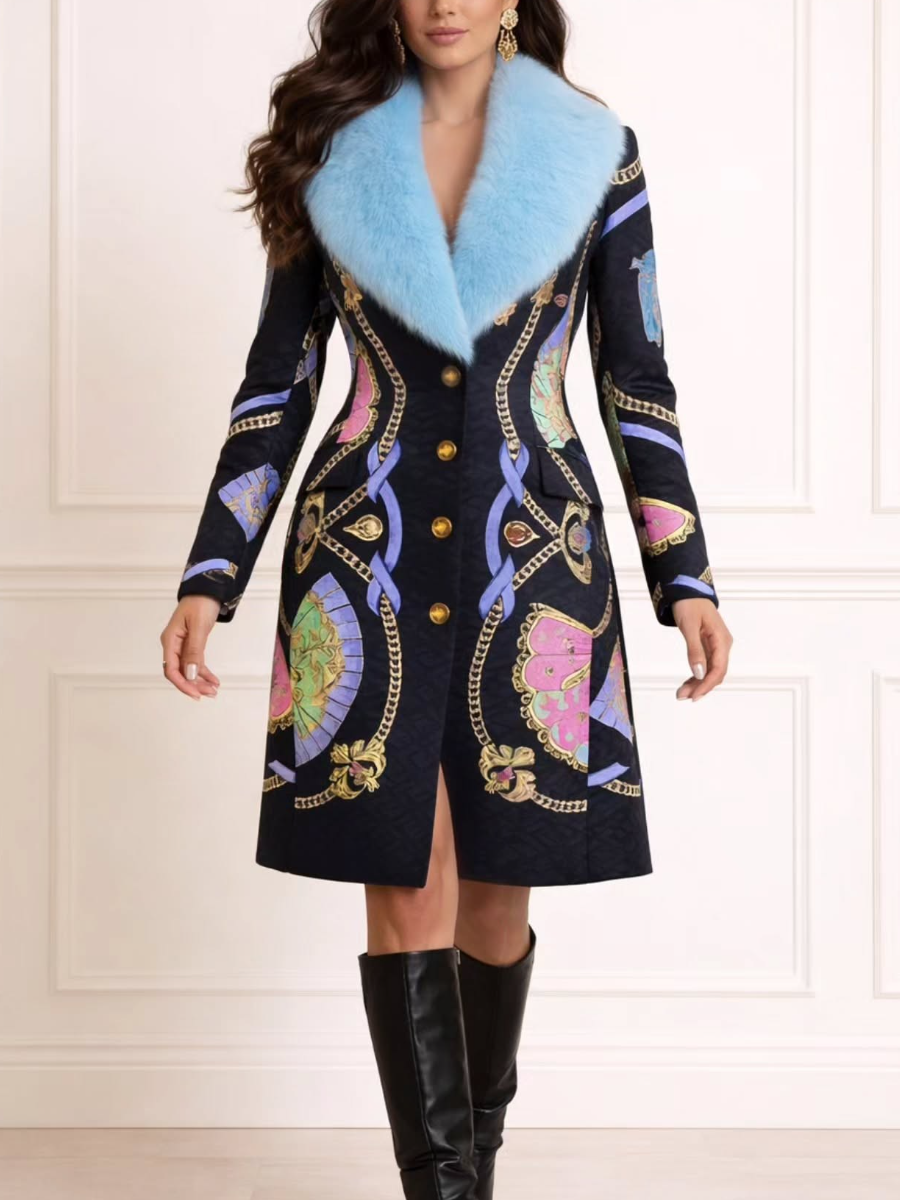 Navy Vintage Print Coat With Sky Blue Faux Fur Collar