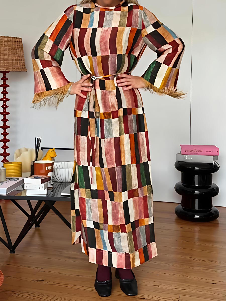 Tassel-Trim Cuff Printed Maxi Dress