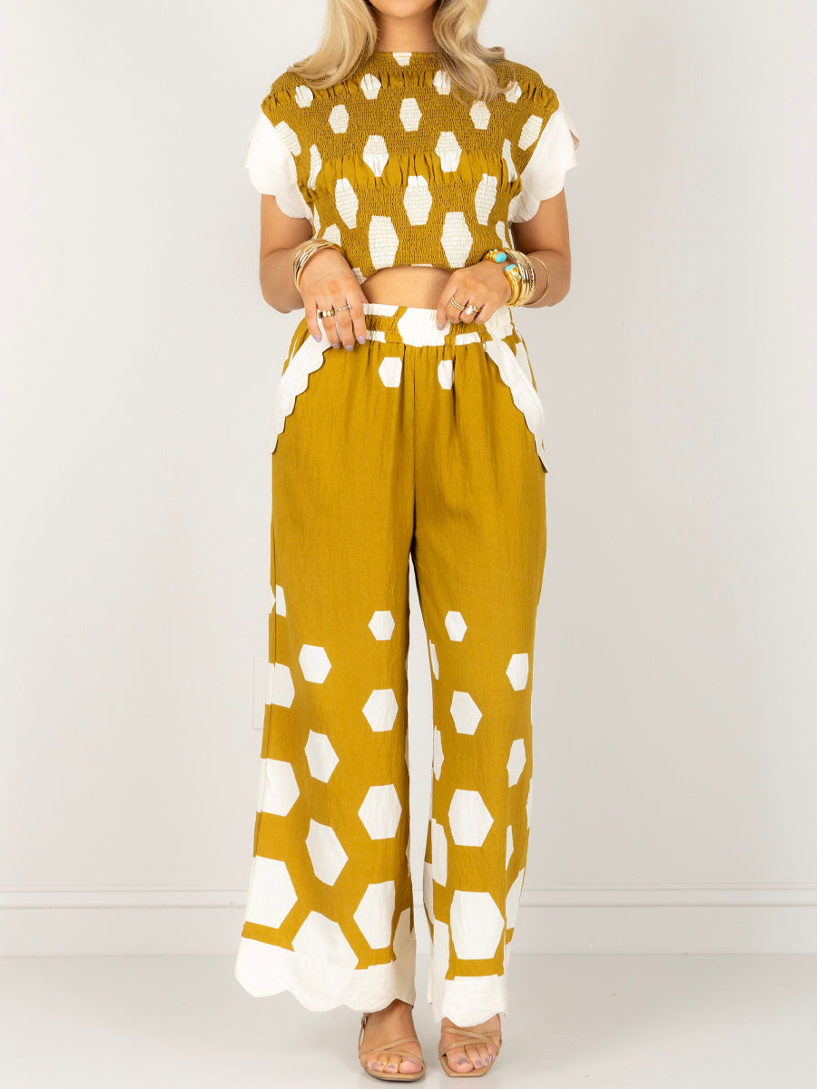Abstract Print Top & Wide-leg Pants Two Pieces Set