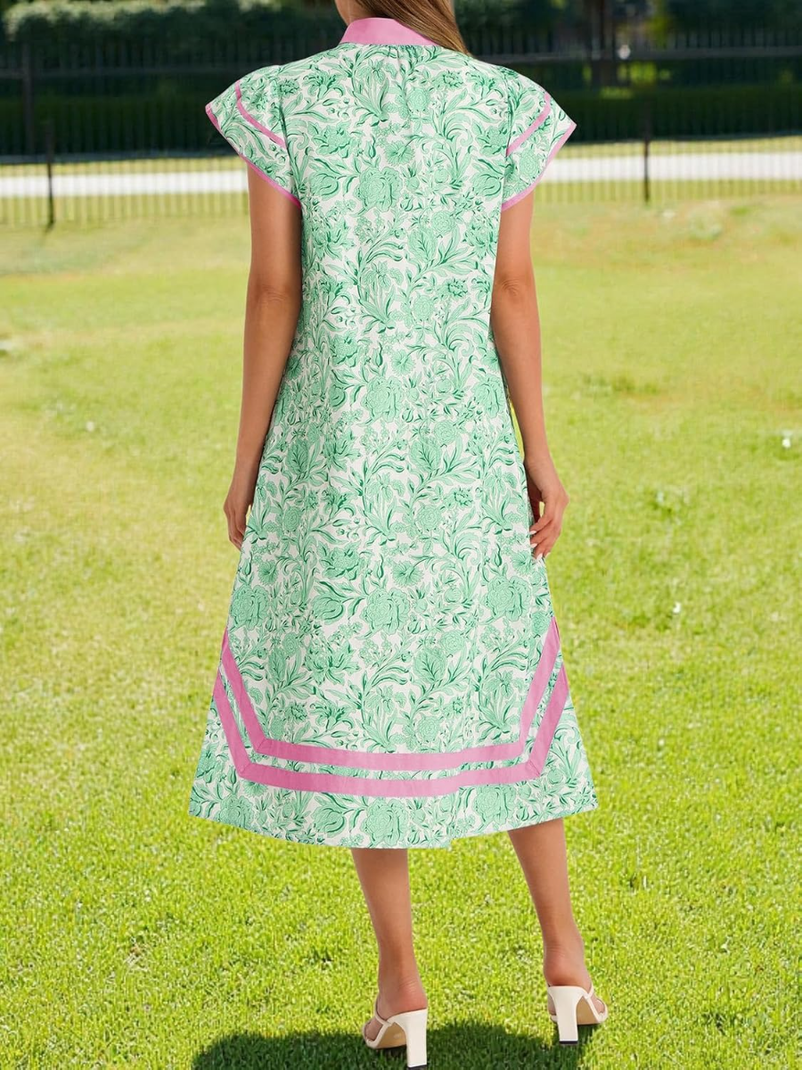 Tropical Green Floral Print V-Neck Midi Dress With Pink Accents