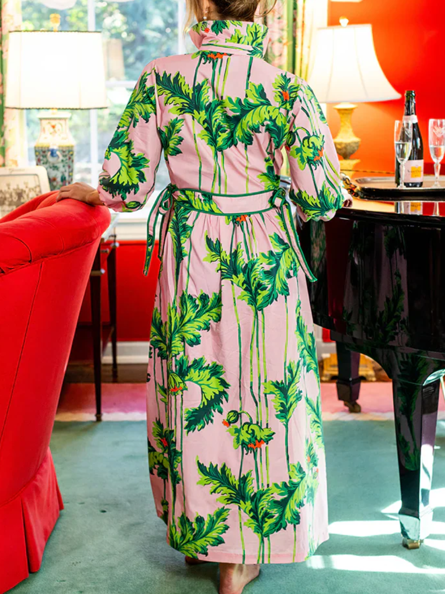 Bold Botanical Green Leaf Print Pink Midi Dress