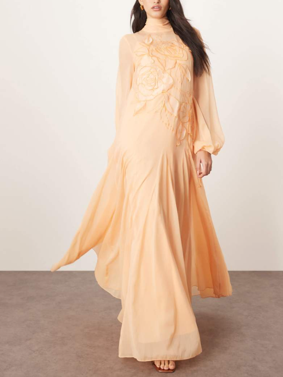 Apricot Blossom Floral Applied Chiffon Maxi Dress