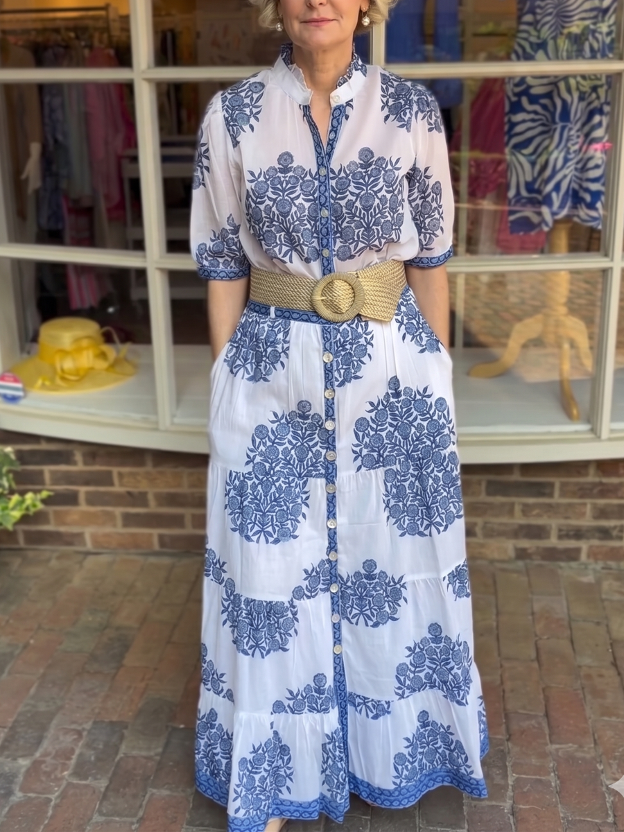 Blue And White Floral Block Print Two-Piece Maxi Skirt Set