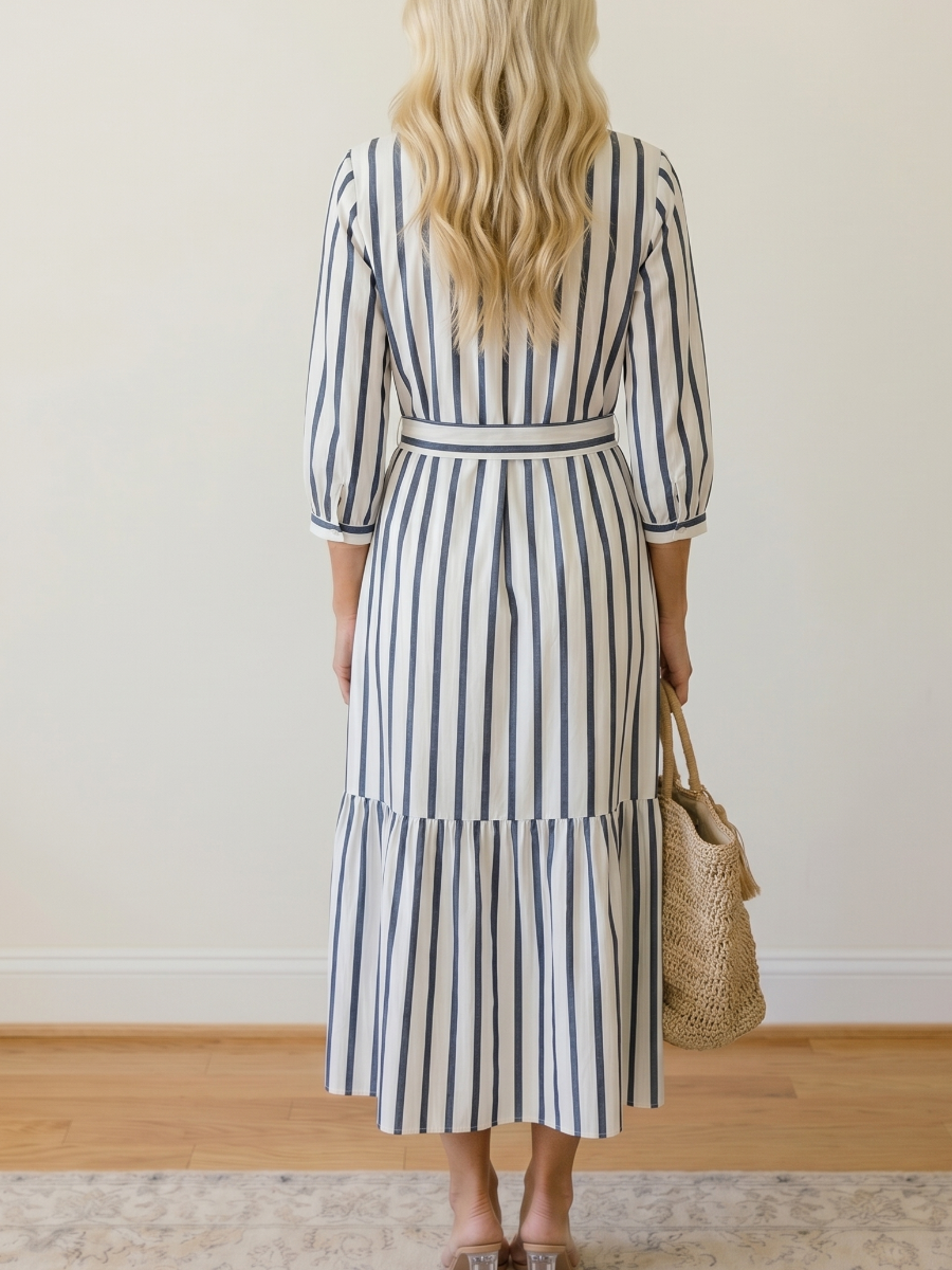 Classic Striped Button-Down Tiered Maxi Dress