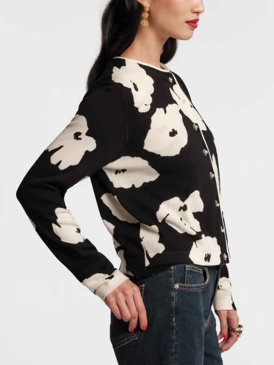 Floral Print Pearl Button Cropped Wool Cardigan