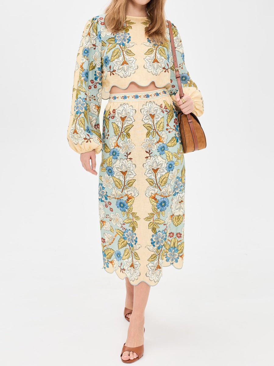 Floral Print Scalloped Hem Two Pieces Dress