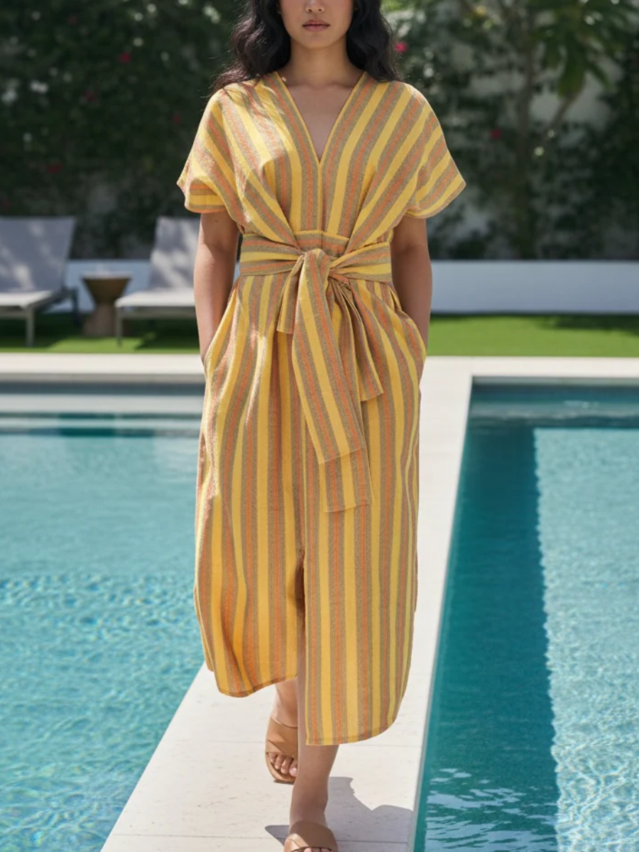 Sunlit Stroll | Multi-Stripe V-Neck Belted Midi Dress