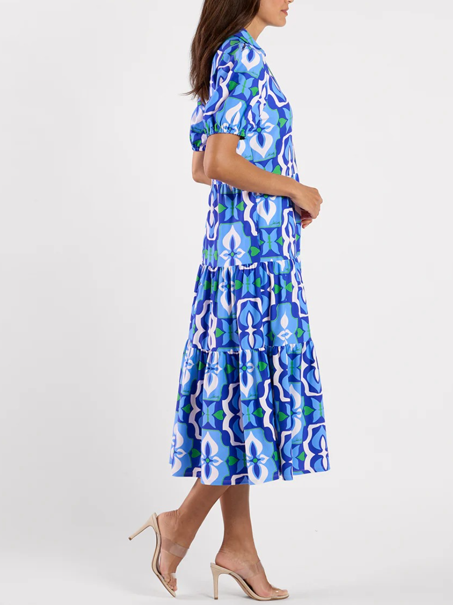 Cobalt Blue Geometric Tile Tiered Midi Dress