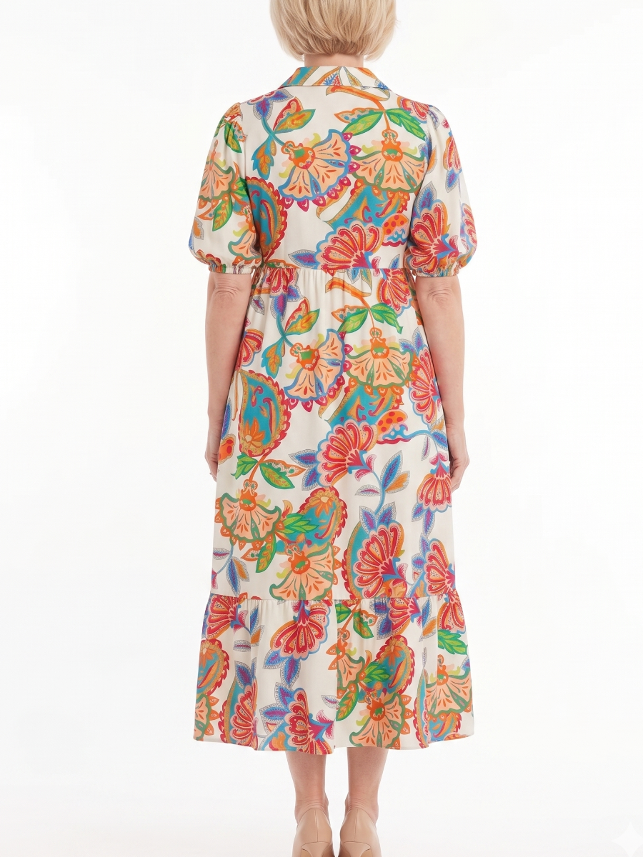Vintage Floral V-Neck Puff Sleeve Dress
