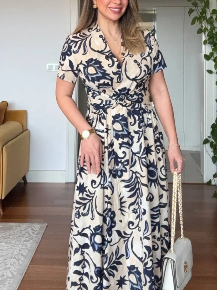 Navy Floral-Print Twisted Front Midi Dress