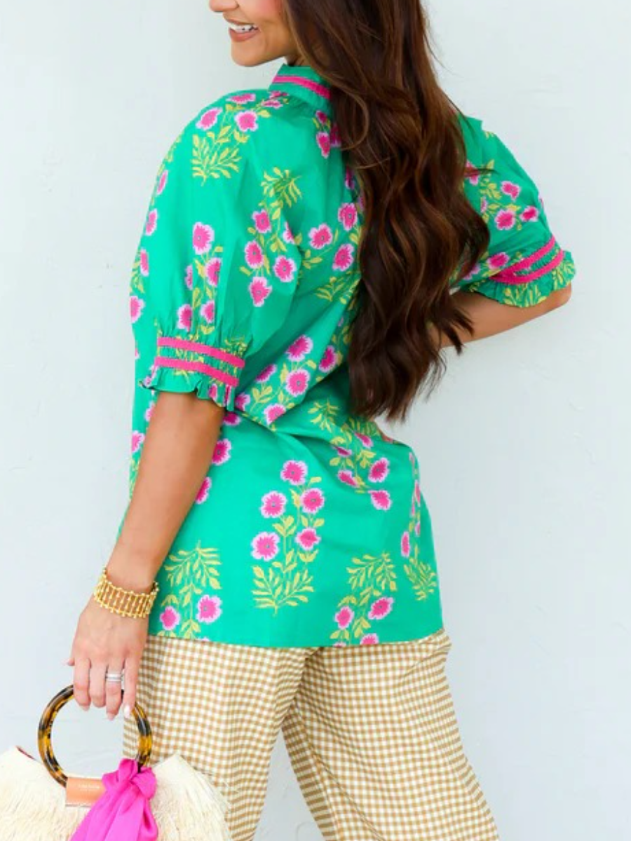Vibrant Green & Pink Floral Block-Print V-Neck Blouse