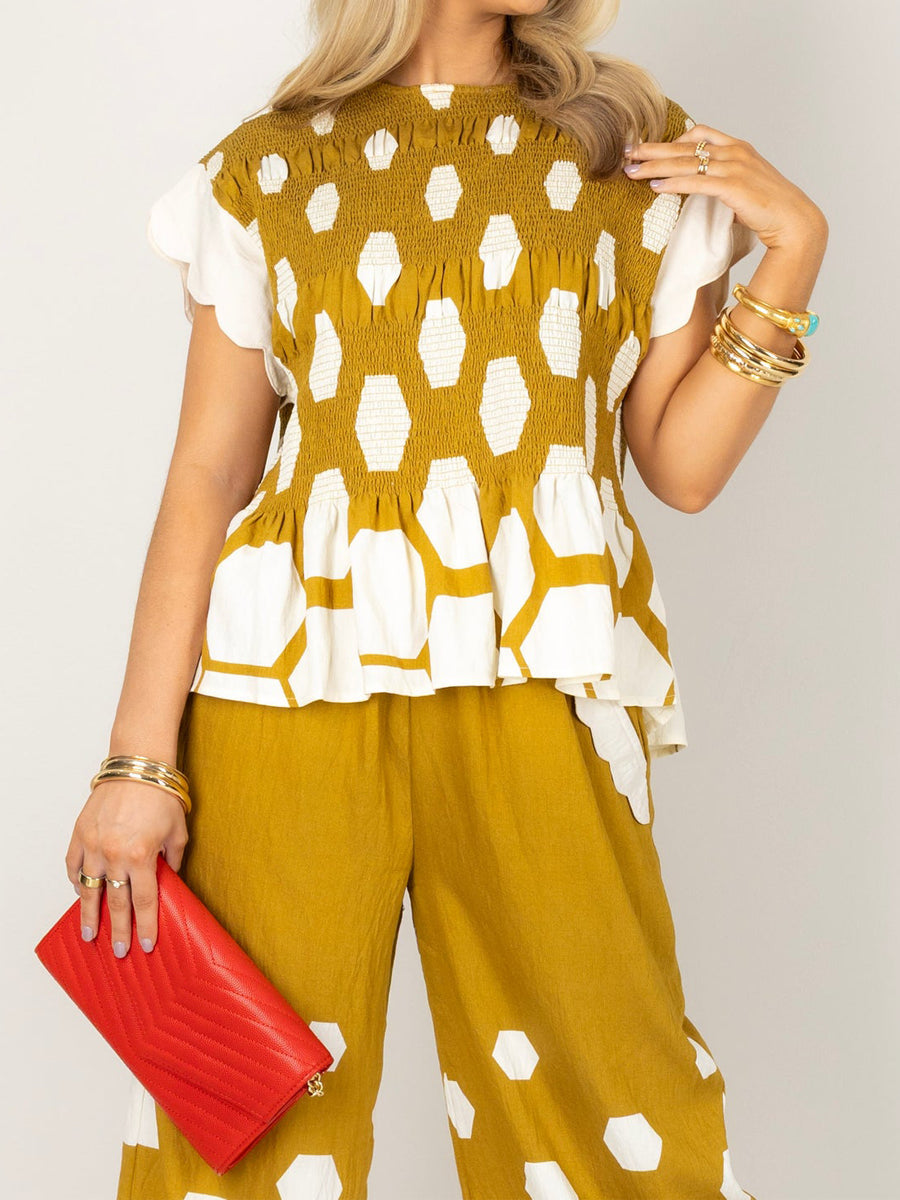 Abstract Print Top & Wide-leg Pants Two Pieces Set