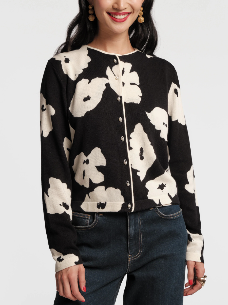 Floral Print Pearl Button Cropped Wool Cardigan