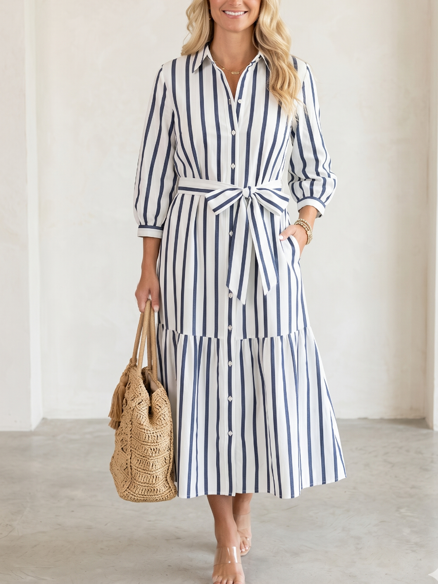 Classic Striped Button-Down Tiered Maxi Dress