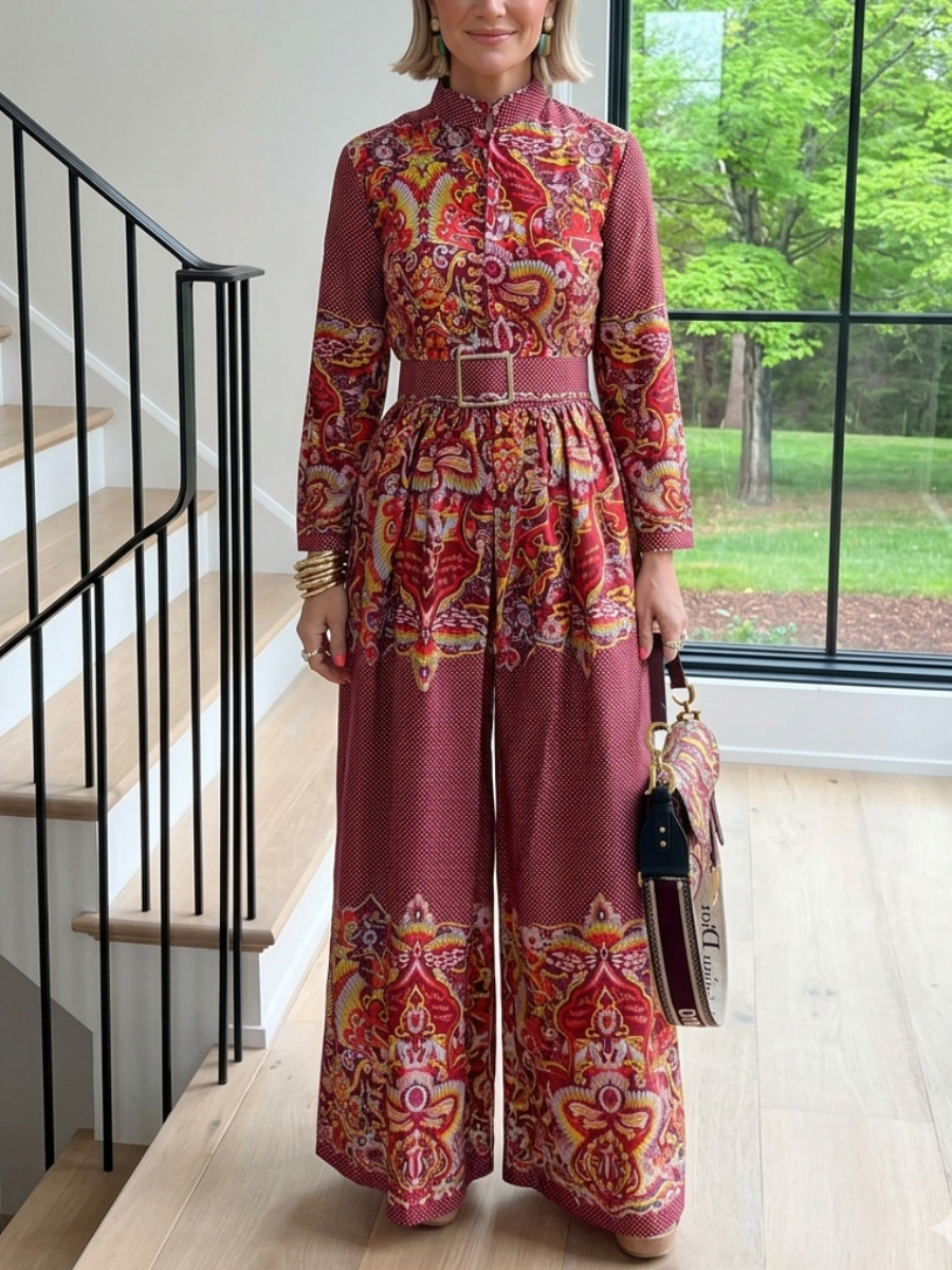 Vintage Paisley Print Long Sleeve Wide-Leg Jumpsuit With Belt