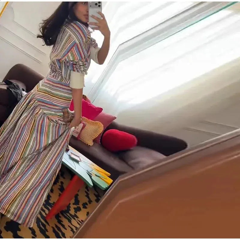 Bohemian-style colorful striped long shirt dress