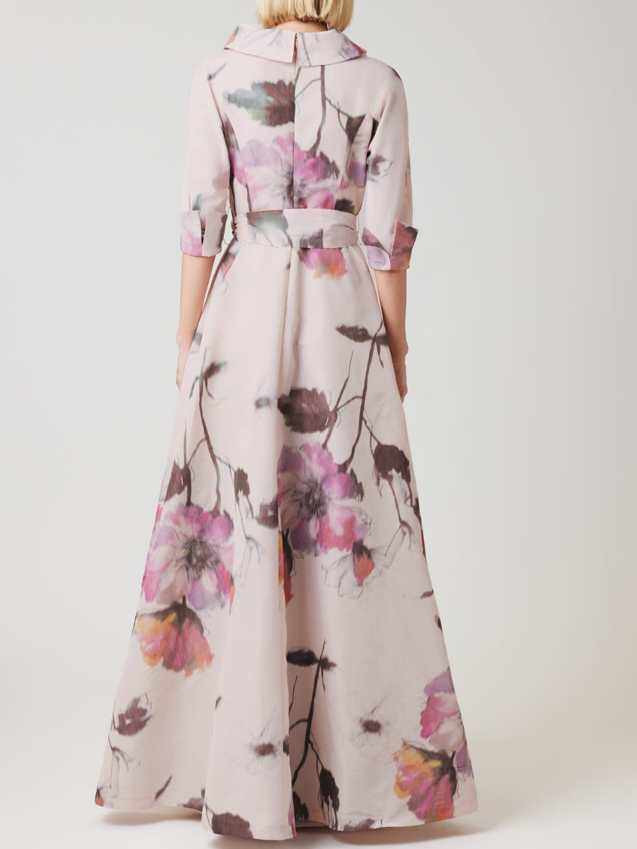 Exquisite Watercolor Floral Print Wrap-Style Evening Gown