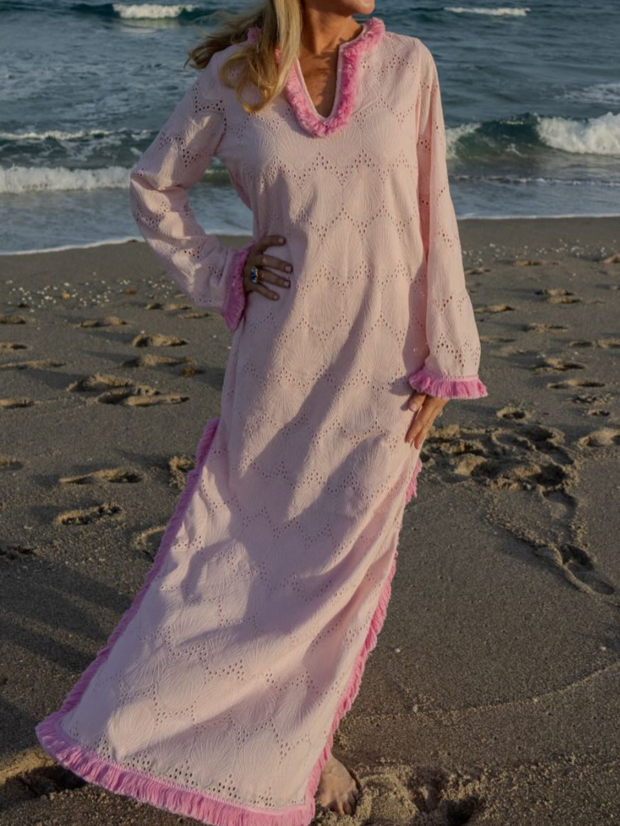 Fringed Trim Eyelet Detailing Silt Hem Maxi Dress