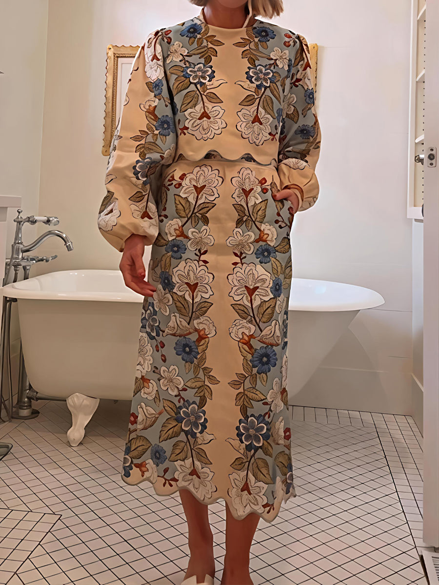 Floral Print Scalloped Hem Two Pieces Dress