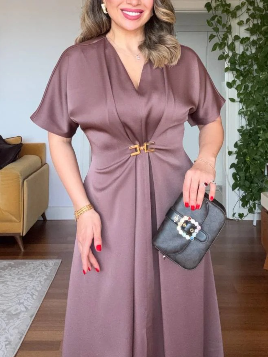 Modern Sophistication | Mauve V-Neck Midi Dress With Gold Buckle